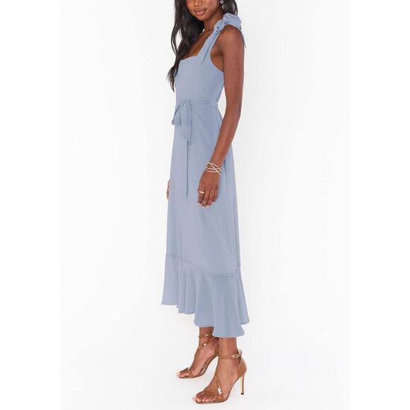 NEW Tie Strap Square Neck Elegant Slit Midi Dress L NO BELT - Picture 3 of 5